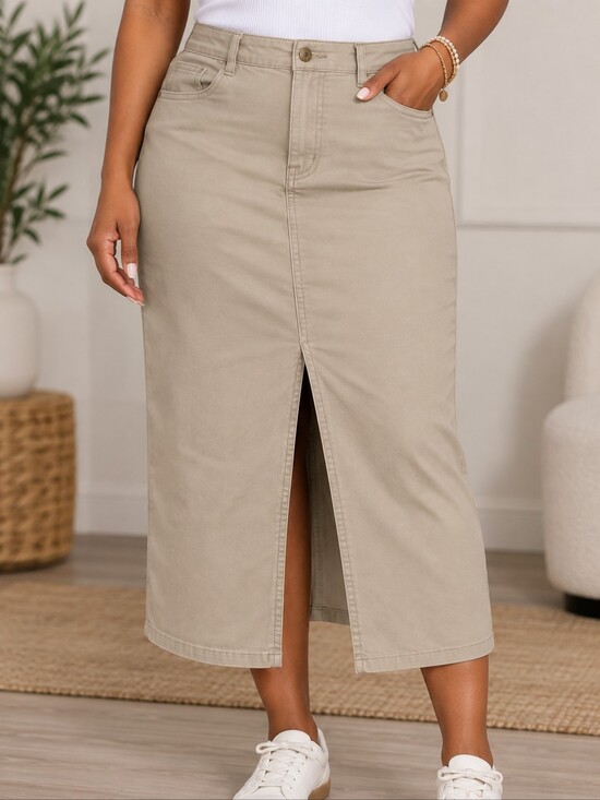 None Dresses & Skirts - Women's High-Waist Taupe Midi Skirt with Front Slit - NWOT